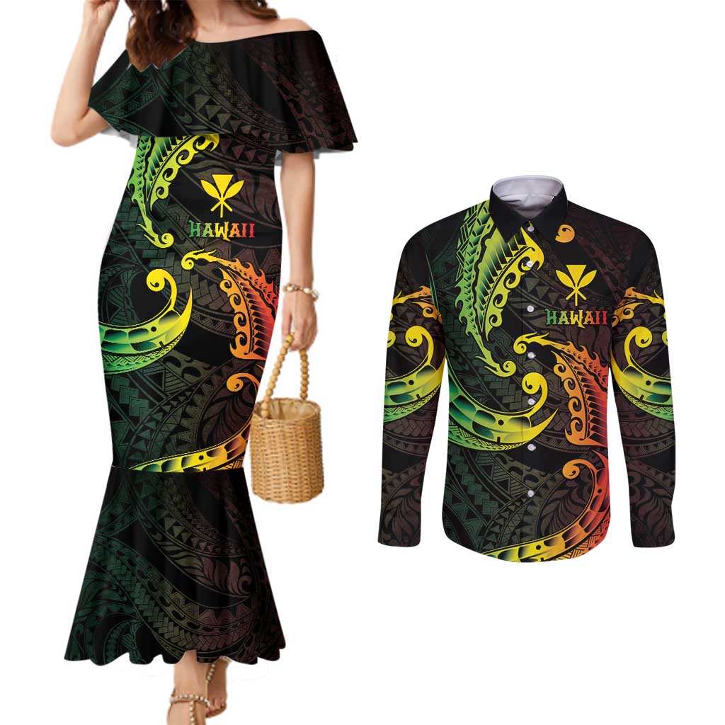 AAPI Heritage Month Couples Matching Mermaid Dress and Long Sleeve Button Shirt Kanaka Maoli Polynesian Tribal Wave LT05 Reggae - Polynesian Pride