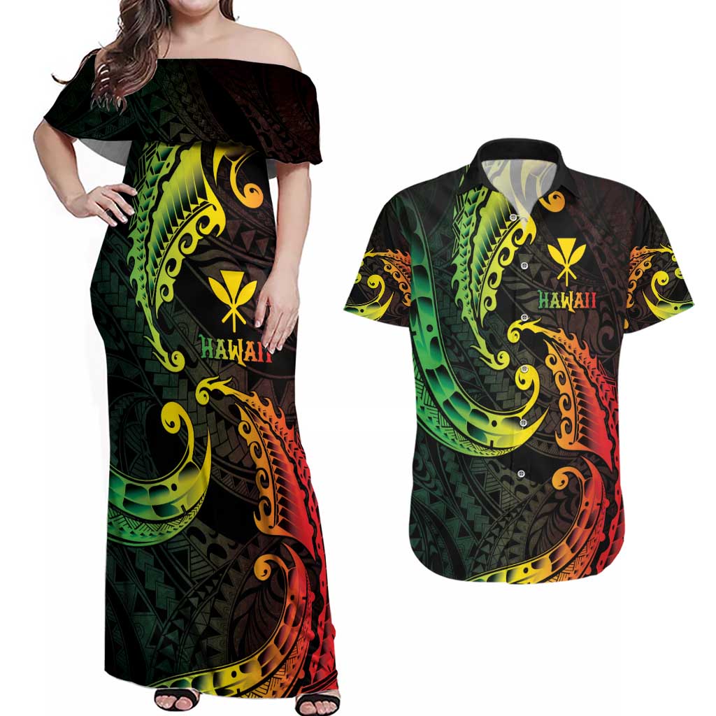 AAPI Heritage Month Couples Matching Off Shoulder Maxi Dress and Hawaiian Shirt Kanaka Maoli Polynesian Tribal Wave LT05 Reggae - Polynesian Pride