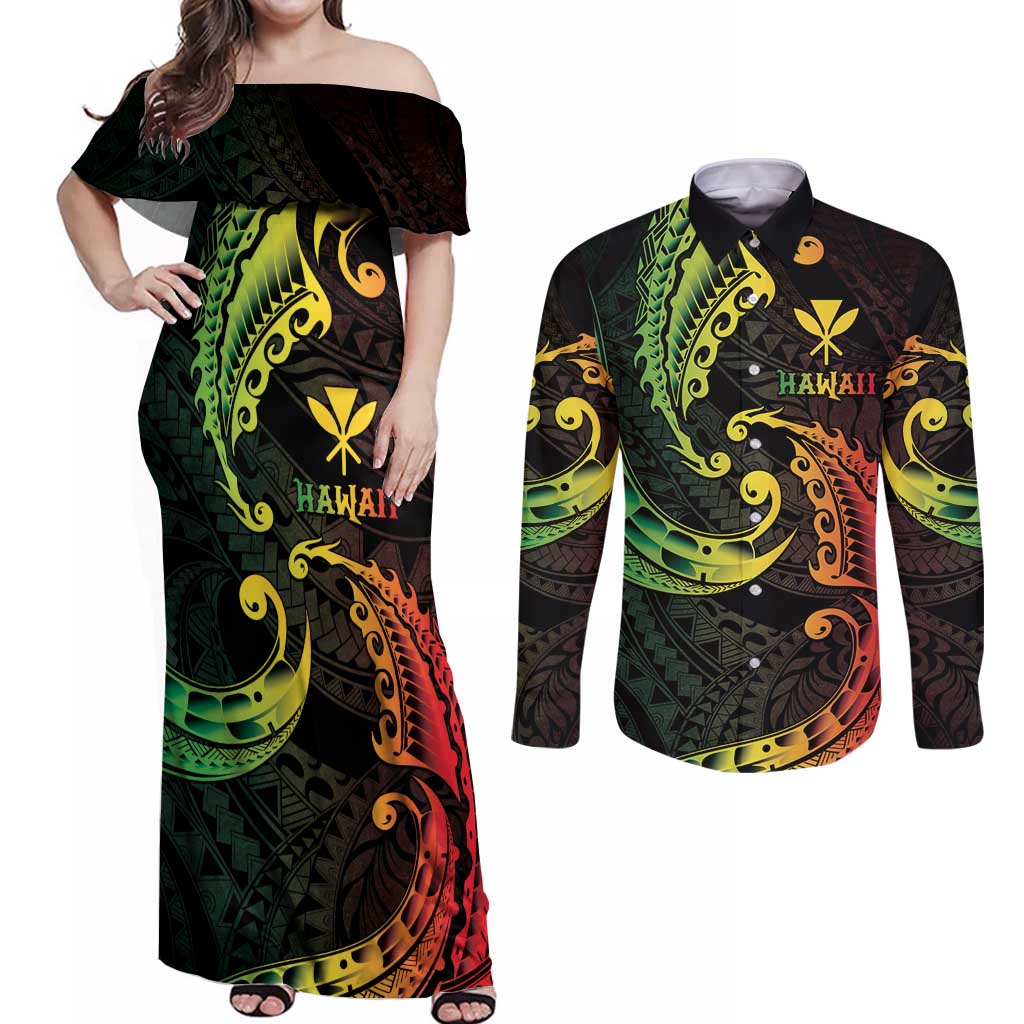 AAPI Heritage Month Couples Matching Off Shoulder Maxi Dress and Long Sleeve Button Shirt Kanaka Maoli Polynesian Tribal Wave LT05 Reggae - Polynesian Pride