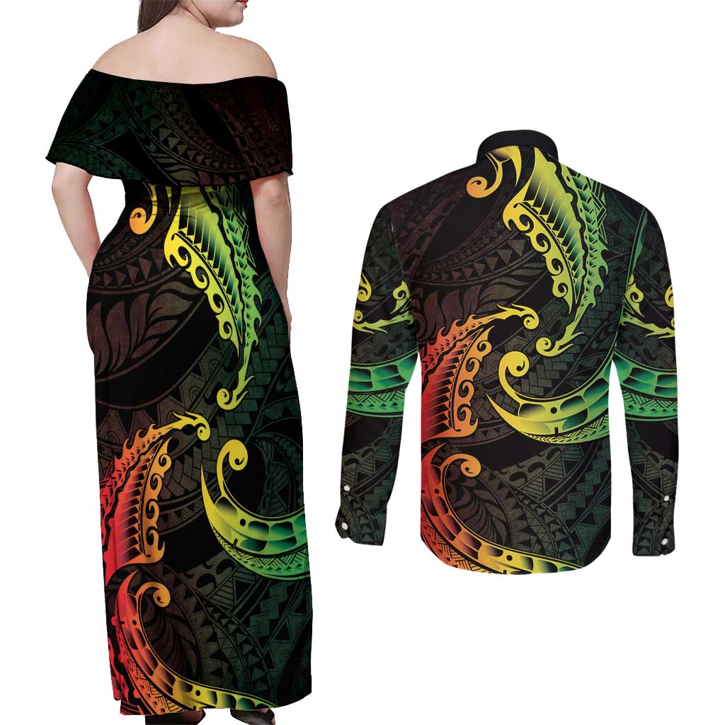 AAPI Heritage Month Couples Matching Off Shoulder Maxi Dress and Long Sleeve Button Shirt Kanaka Maoli Polynesian Tribal Wave