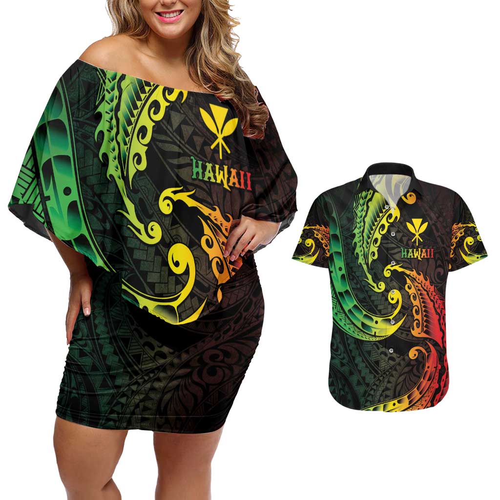 AAPI Heritage Month Couples Matching Off Shoulder Short Dress and Hawaiian Shirt Kanaka Maoli Polynesian Tribal Wave LT05 Reggae - Polynesian Pride