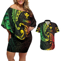 AAPI Heritage Month Couples Matching Off Shoulder Short Dress and Hawaiian Shirt Kanaka Maoli Polynesian Tribal Wave