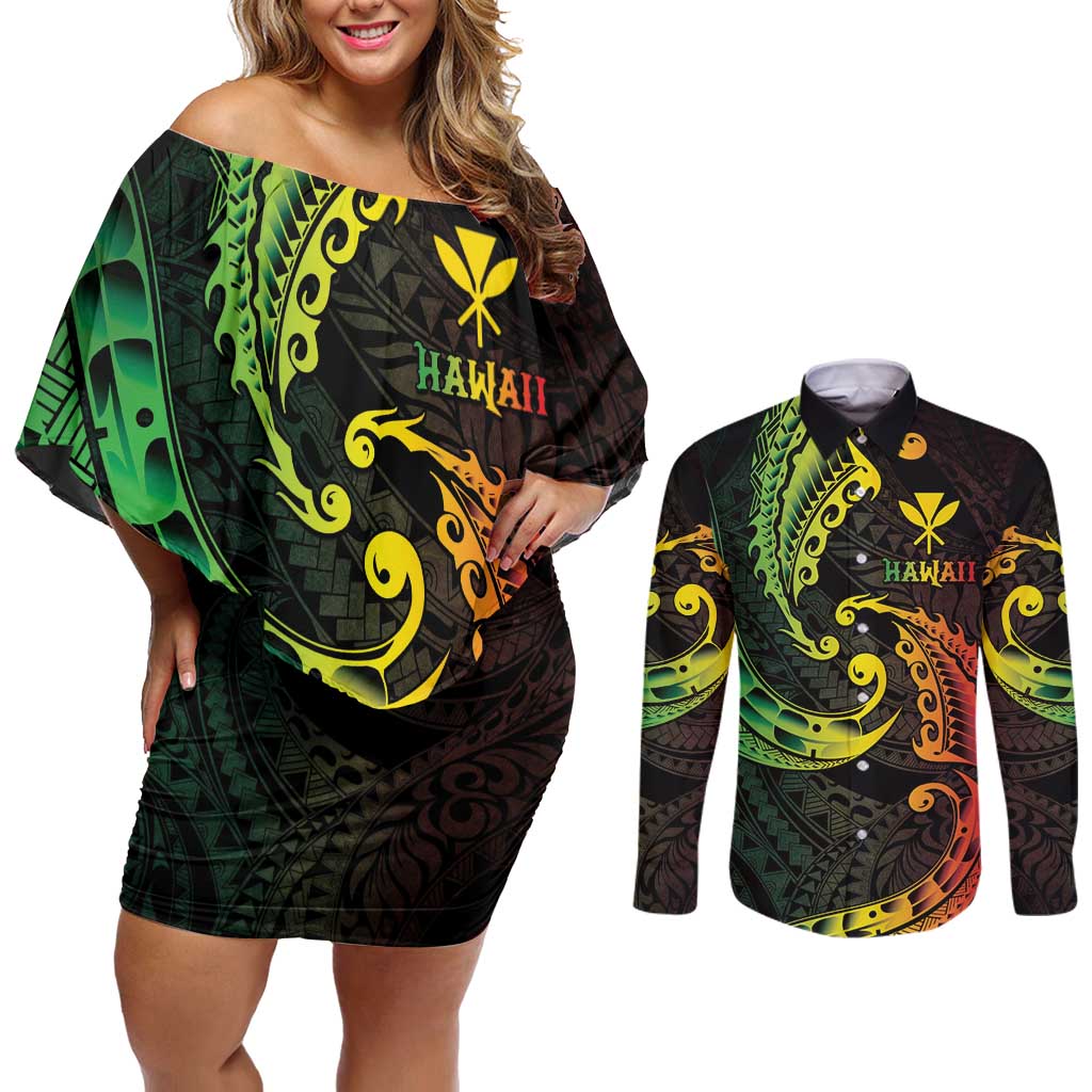 AAPI Heritage Month Couples Matching Off Shoulder Short Dress and Long Sleeve Button Shirt Kanaka Maoli Polynesian Tribal Wave LT05 Reggae - Polynesian Pride