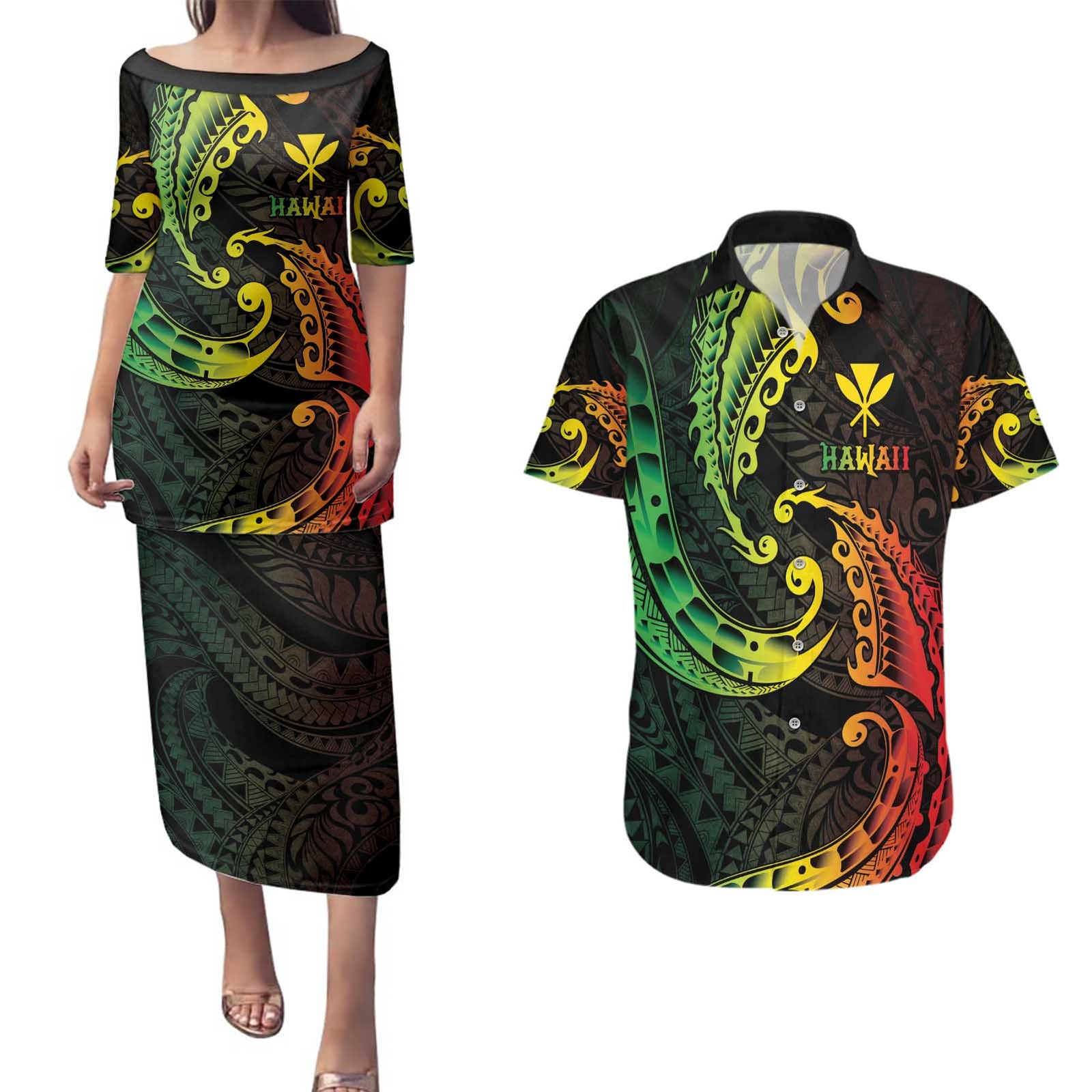 AAPI Heritage Month Couples Matching Puletasi and Hawaiian Shirt Kanaka Maoli Polynesian Tribal Wave LT05 Reggae - Polynesian Pride