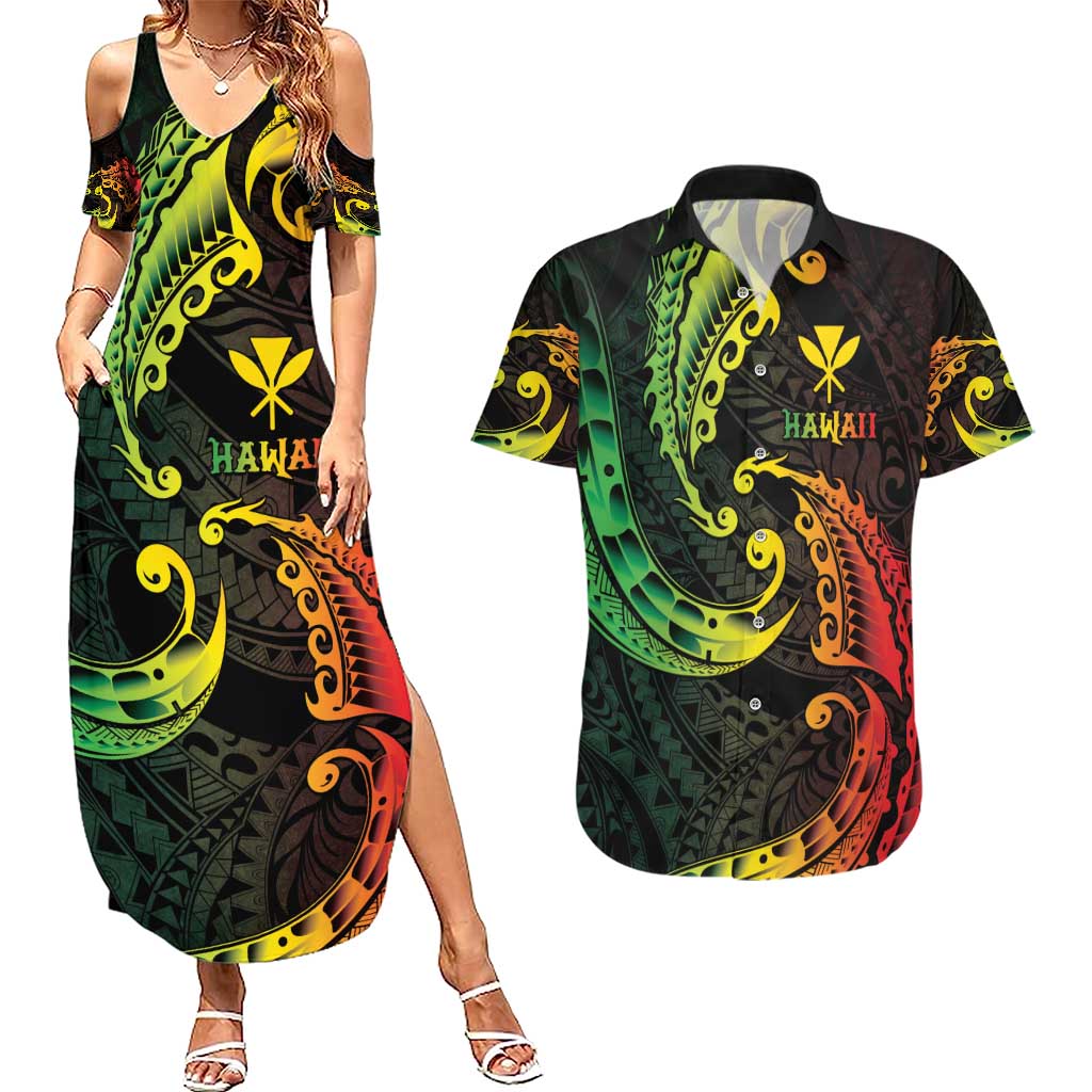 AAPI Heritage Month Couples Matching Summer Maxi Dress and Hawaiian Shirt Kanaka Maoli Polynesian Tribal Wave LT05 Reggae - Polynesian Pride