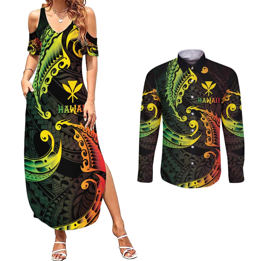 AAPI Heritage Month Couples Matching Summer Maxi Dress and Long Sleeve Button Shirt Kanaka Maoli Polynesian Tribal Wave LT05 Reggae - Polynesian Pride