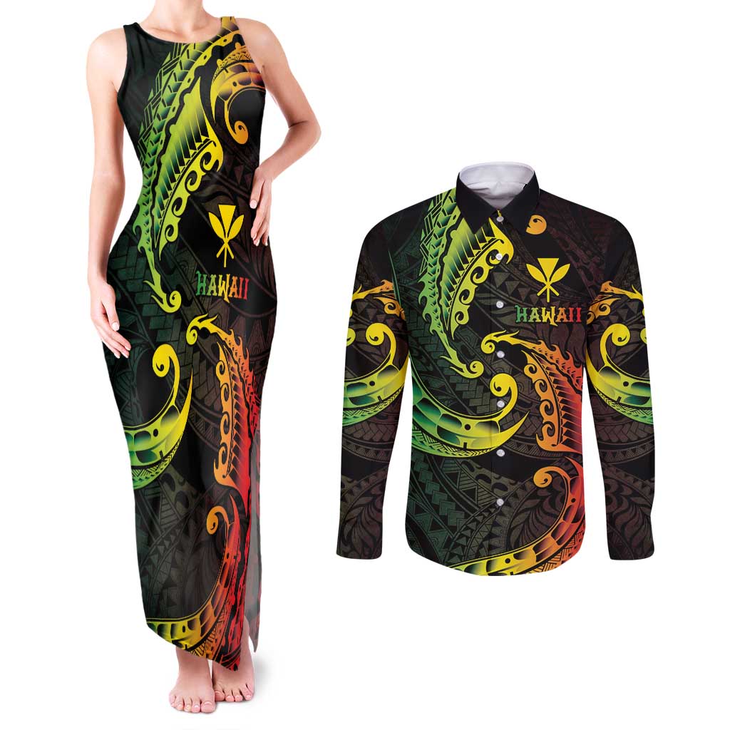 AAPI Heritage Month Couples Matching Tank Maxi Dress and Long Sleeve Button Shirt Kanaka Maoli Polynesian Tribal Wave LT05 Reggae - Polynesian Pride