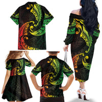 AAPI Heritage Month Family Matching Off The Shoulder Long Sleeve Dress and Hawaiian Shirt Kanaka Maoli Polynesian Tribal Wave