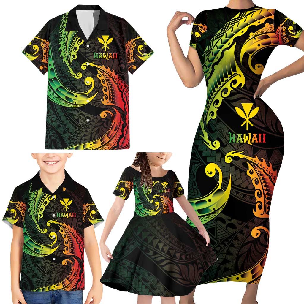 AAPI Heritage Month Family Matching Short Sleeve Bodycon Dress and Hawaiian Shirt Kanaka Maoli Polynesian Tribal Wave