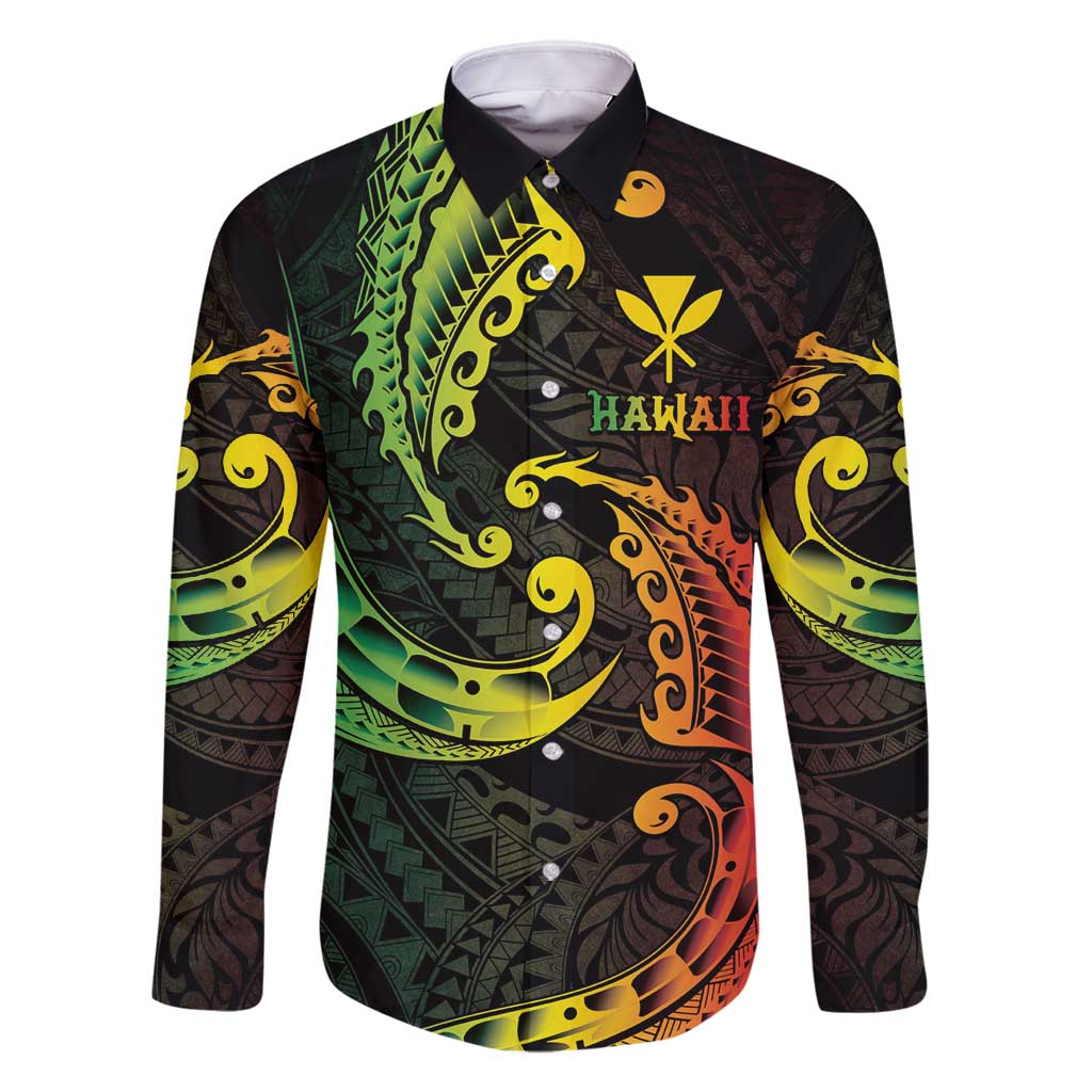 AAPI Heritage Month Family Matching Summer Maxi Dress and Hawaiian Shirt Kanaka Maoli Polynesian Tribal Wave LT05 Dad's Shirt - Long Sleeve Reggae - Polynesian Pride