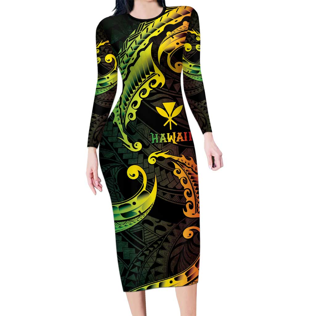 AAPI Heritage Month Long Sleeve Bodycon Dress Kanaka Maoli Polynesian Tribal Wave