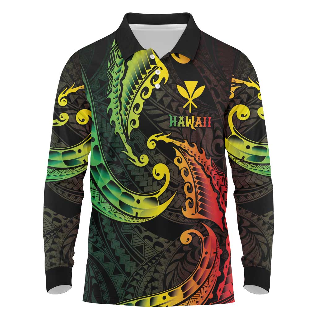 AAPI Heritage Month Long Sleeve Polo Shirt Kanaka Maoli Polynesian Tribal Wave LT05 Reggae - Polynesian Pride