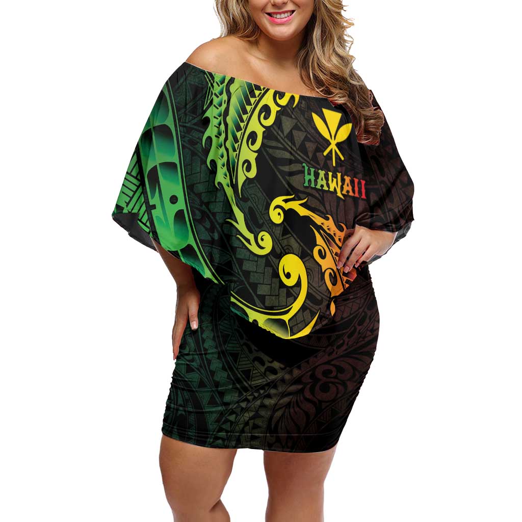 AAPI Heritage Month Off Shoulder Short Dress Kanaka Maoli Polynesian Tribal Wave