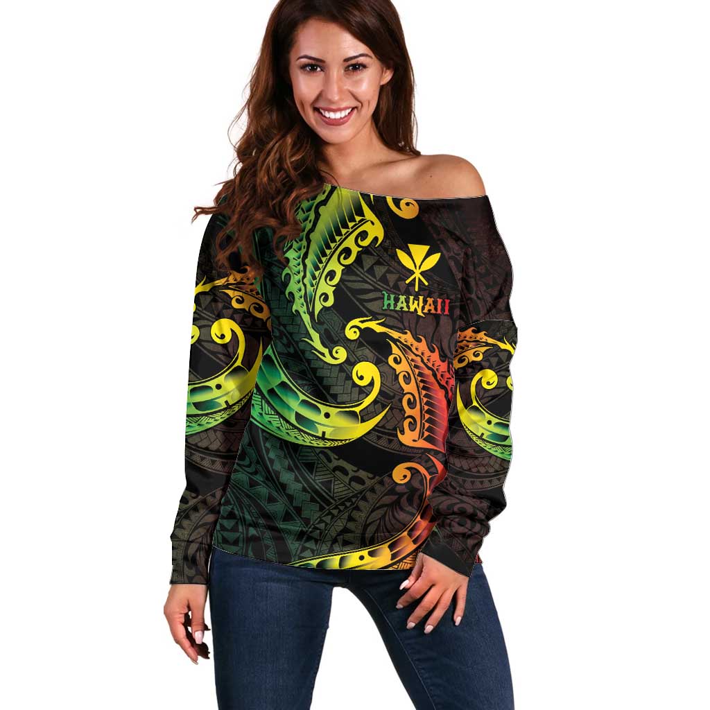 AAPI Heritage Month Off Shoulder Sweater Kanaka Maoli Polynesian Tribal Wave LT05 Women Reggae - Polynesian Pride