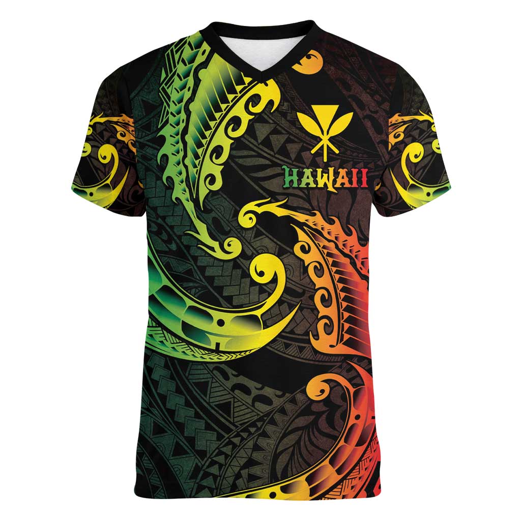 AAPI Heritage Month Women V-Neck T-Shirt Kanaka Maoli Polynesian Tribal Wave LT05 Female Reggae - Polynesian Pride