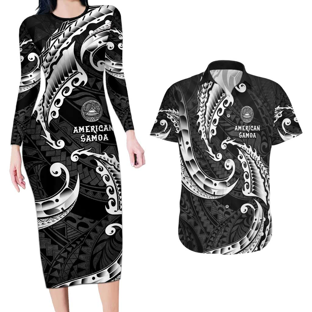 AAPI Heritage Month Couples Matching Long Sleeve Bodycon Dress and Hawaiian Shirt American Samoa Polynesian Tribal Wave LT05 Black - Polynesian Pride