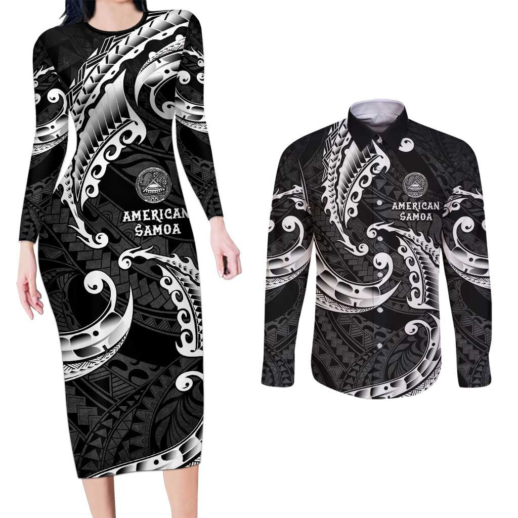 AAPI Heritage Month Couples Matching Long Sleeve Bodycon Dress and Long Sleeve Button Shirt American Samoa Polynesian Tribal Wave LT05 Black - Polynesian Pride