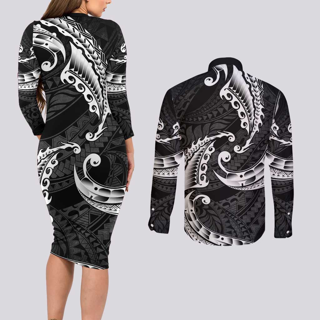 AAPI Heritage Month Couples Matching Long Sleeve Bodycon Dress and Long Sleeve Button Shirt American Samoa Polynesian Tribal Wave LT05 - Polynesian Pride