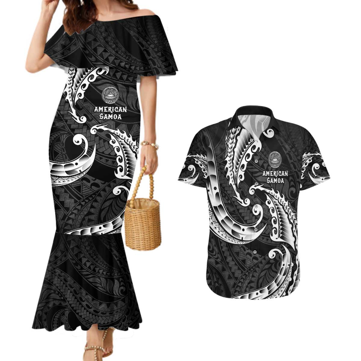 AAPI Heritage Month Couples Matching Mermaid Dress and Hawaiian Shirt American Samoa Polynesian Tribal Wave LT05 Black - Polynesian Pride