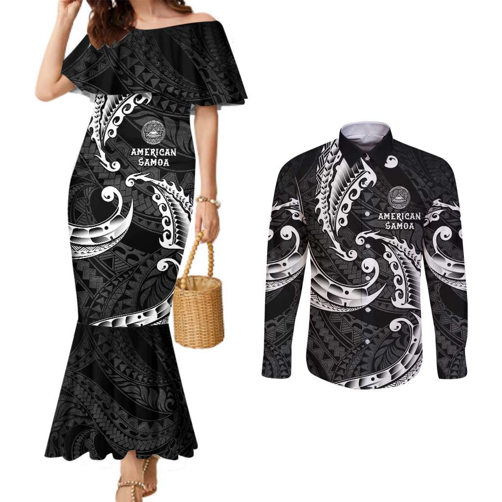 AAPI Heritage Month Couples Matching Mermaid Dress and Long Sleeve Button Shirt American Samoa Polynesian Tribal Wave LT05 Black - Polynesian Pride
