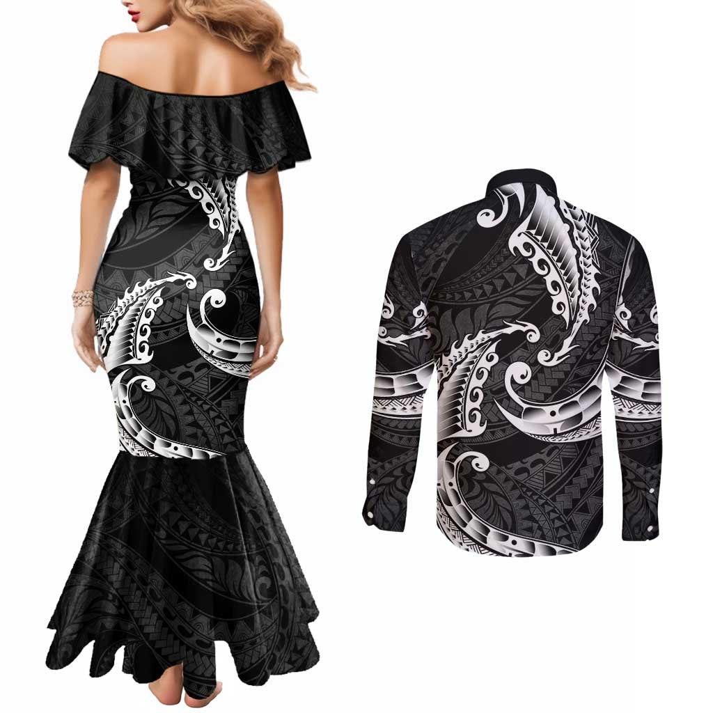 AAPI Heritage Month Couples Matching Mermaid Dress and Long Sleeve Button Shirt American Samoa Polynesian Tribal Wave LT05 - Polynesian Pride