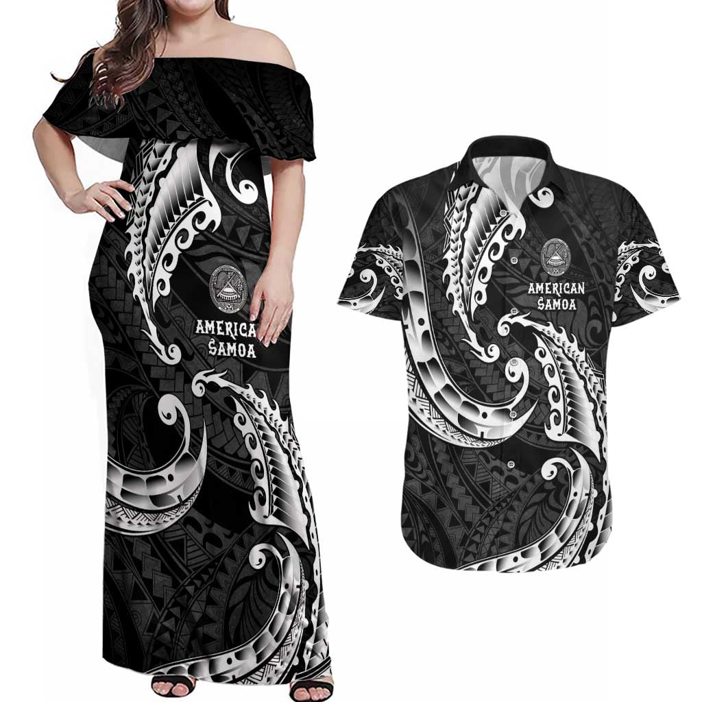 AAPI Heritage Month Couples Matching Off Shoulder Maxi Dress and Hawaiian Shirt American Samoa Polynesian Tribal Wave LT05 Black - Polynesian Pride