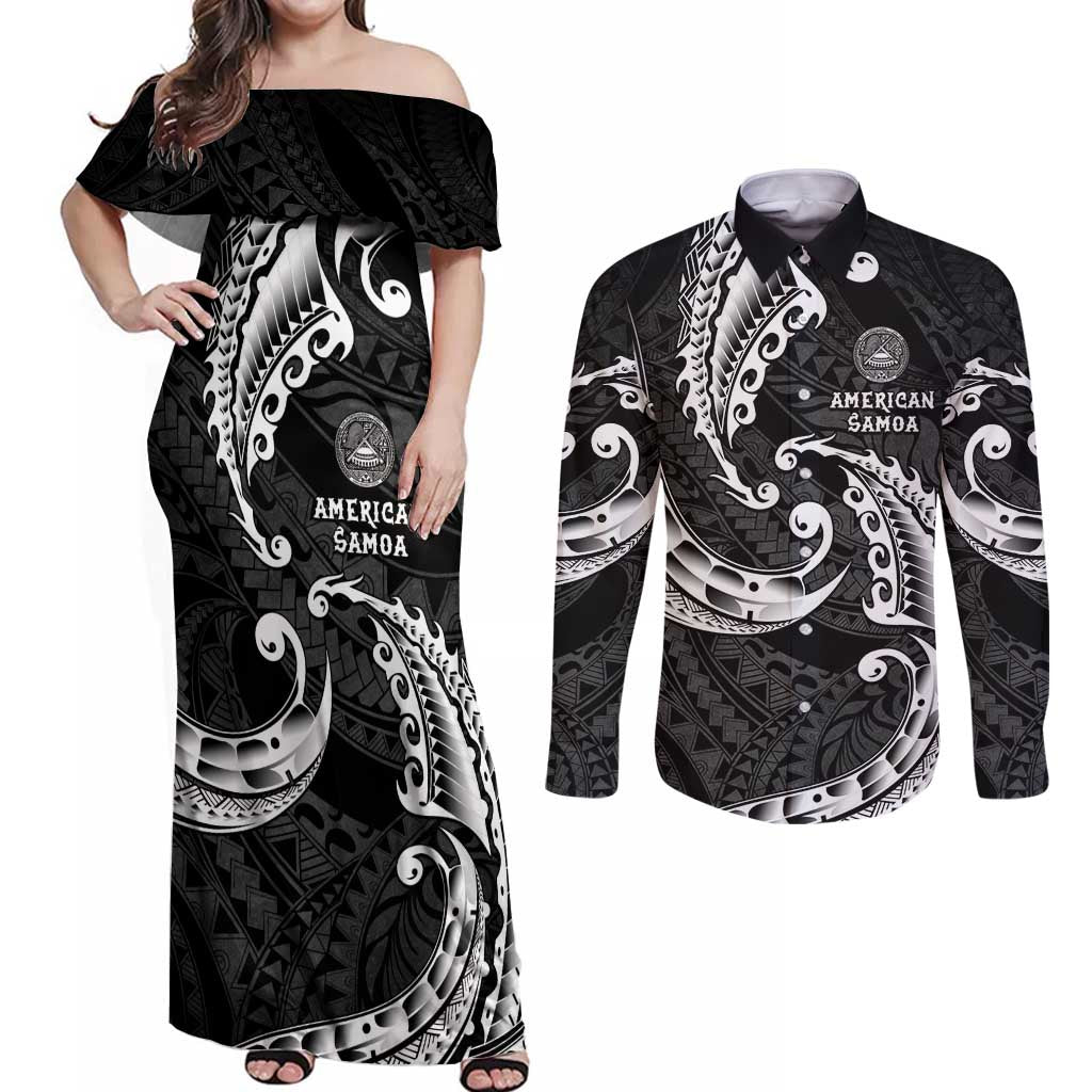 AAPI Heritage Month Couples Matching Off Shoulder Maxi Dress and Long Sleeve Button Shirt American Samoa Polynesian Tribal Wave LT05 Black - Polynesian Pride