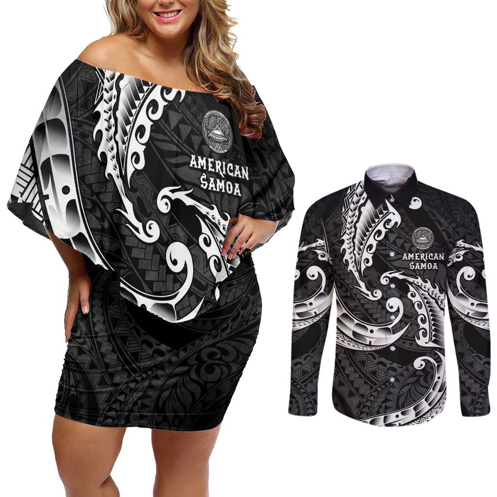 AAPI Heritage Month Couples Matching Off Shoulder Short Dress and Long Sleeve Button Shirt American Samoa Polynesian Tribal Wave LT05 Black - Polynesian Pride