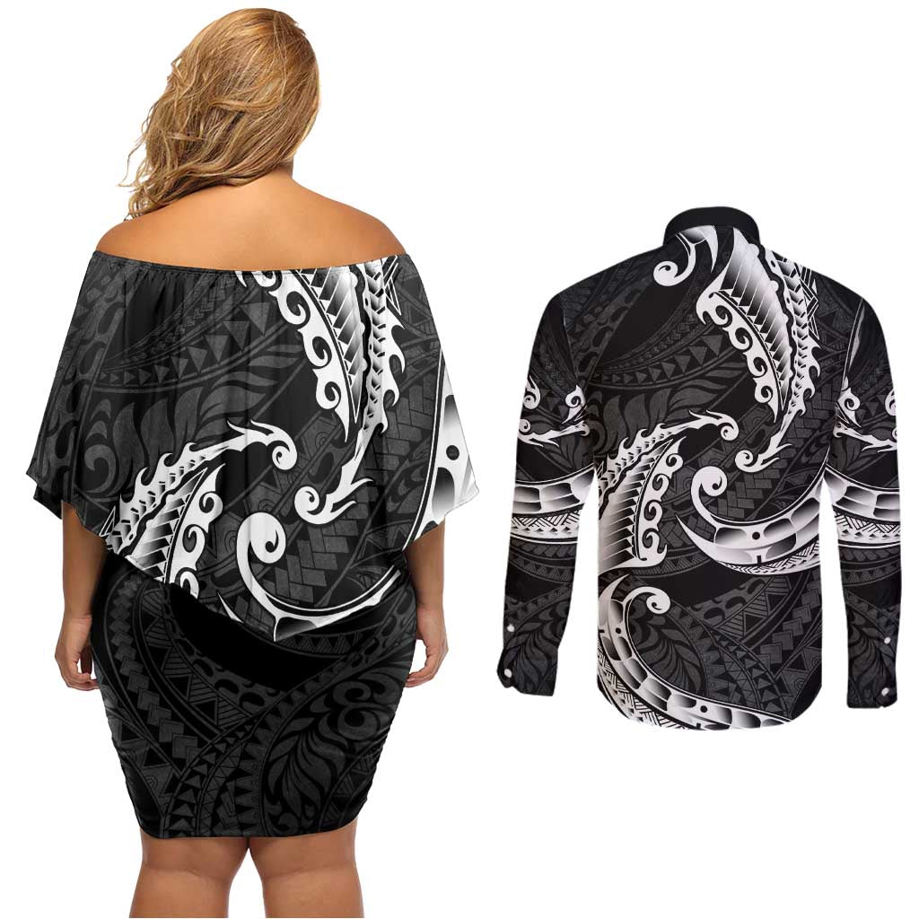 AAPI Heritage Month Couples Matching Off Shoulder Short Dress and Long Sleeve Button Shirt American Samoa Polynesian Tribal Wave LT05 - Polynesian Pride