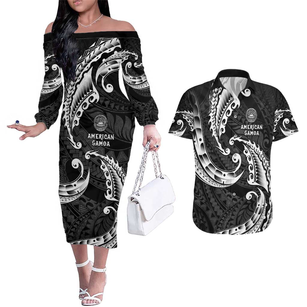 AAPI Heritage Month Couples Matching Off The Shoulder Long Sleeve Dress and Hawaiian Shirt American Samoa Polynesian Tribal Wave LT05 Black - Polynesian Pride