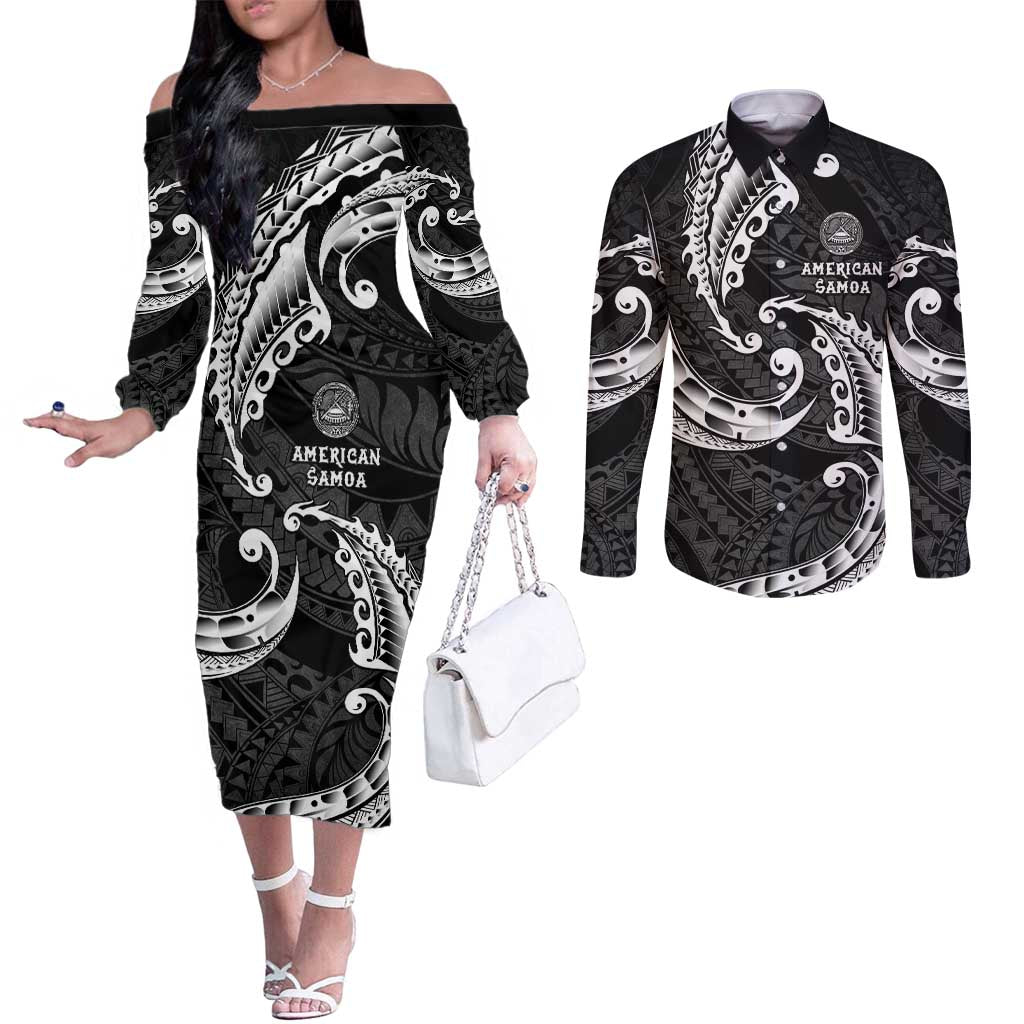 AAPI Heritage Month Couples Matching Off The Shoulder Long Sleeve Dress and Long Sleeve Button Shirt American Samoa Polynesian Tribal Wave LT05 Black - Polynesian Pride