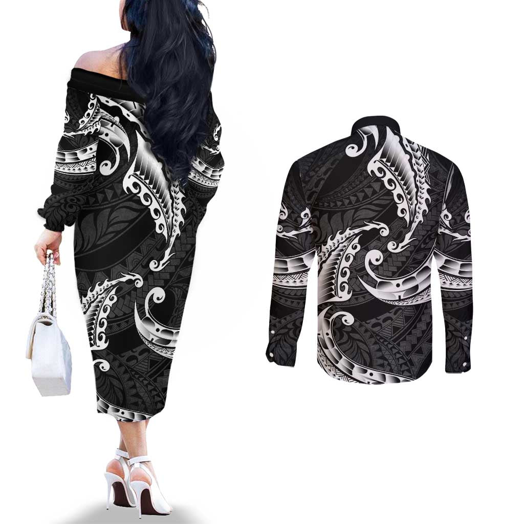 AAPI Heritage Month Couples Matching Off The Shoulder Long Sleeve Dress and Long Sleeve Button Shirt American Samoa Polynesian Tribal Wave LT05 - Polynesian Pride