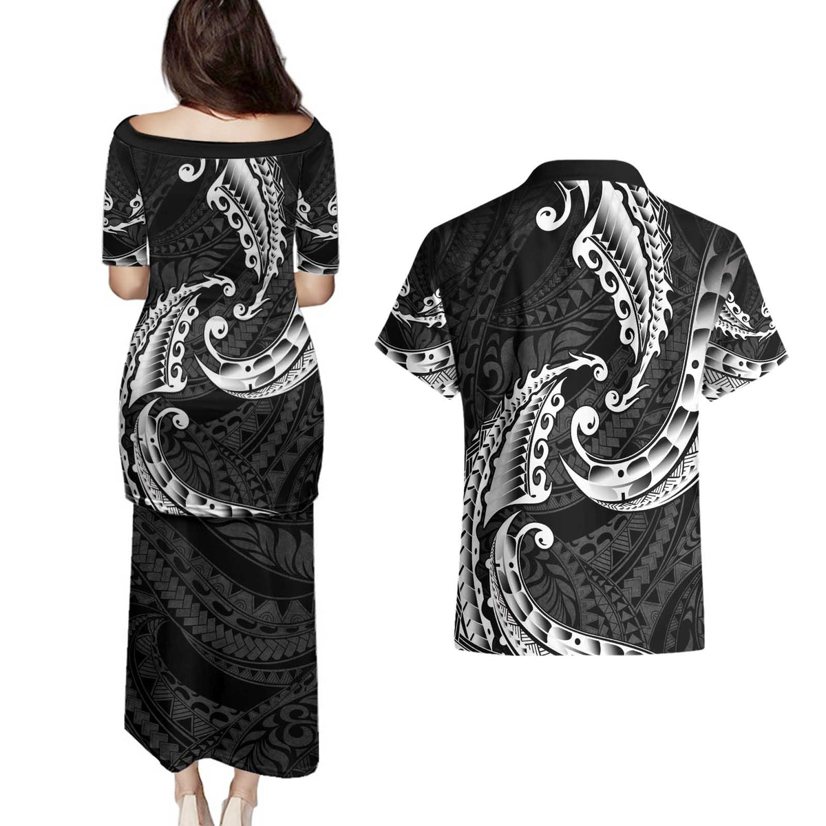 AAPI Heritage Month Couples Matching Puletasi and Hawaiian Shirt American Samoa Polynesian Tribal Wave