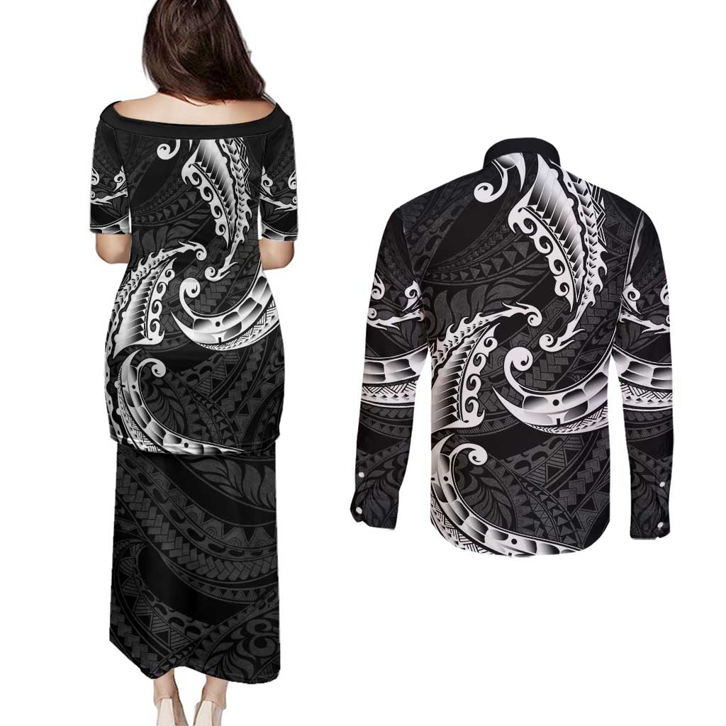 AAPI Heritage Month Couples Matching Puletasi and Long Sleeve Button Shirt American Samoa Polynesian Tribal Wave LT05 - Polynesian Pride