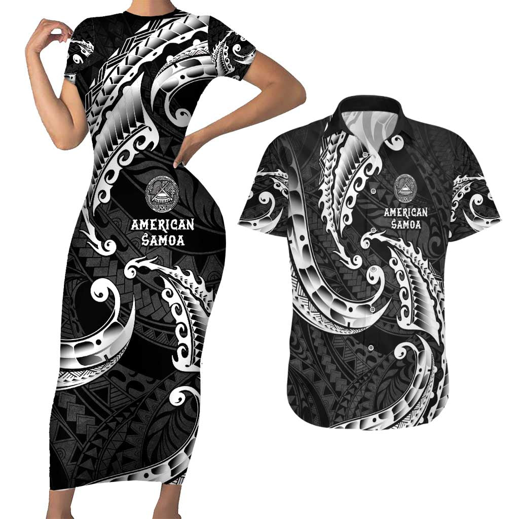 AAPI Heritage Month Couples Matching Short Sleeve Bodycon Dress and Hawaiian Shirt American Samoa Polynesian Tribal Wave LT05 Black - Polynesian Pride