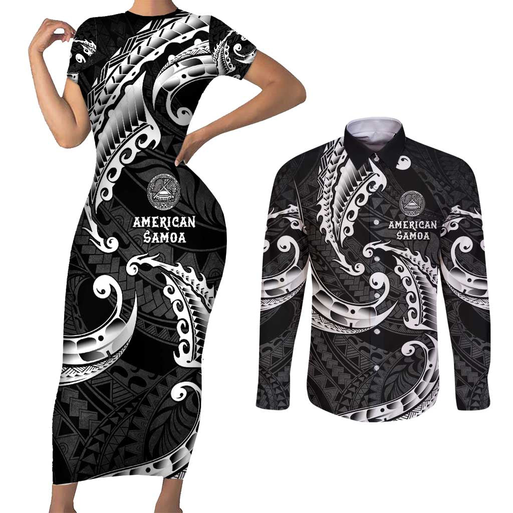 AAPI Heritage Month Couples Matching Short Sleeve Bodycon Dress and Long Sleeve Button Shirt American Samoa Polynesian Tribal Wave LT05 Black - Polynesian Pride