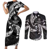 AAPI Heritage Month Couples Matching Short Sleeve Bodycon Dress and Long Sleeve Button Shirt American Samoa Polynesian Tribal Wave LT05 Black - Polynesian Pride