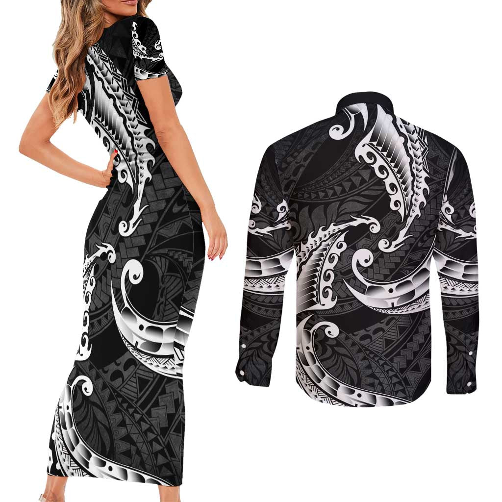 AAPI Heritage Month Couples Matching Short Sleeve Bodycon Dress and Long Sleeve Button Shirt American Samoa Polynesian Tribal Wave LT05 - Polynesian Pride