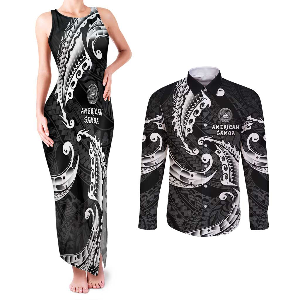 AAPI Heritage Month Couples Matching Tank Maxi Dress and Long Sleeve Button Shirt American Samoa Polynesian Tribal Wave LT05 Black - Polynesian Pride