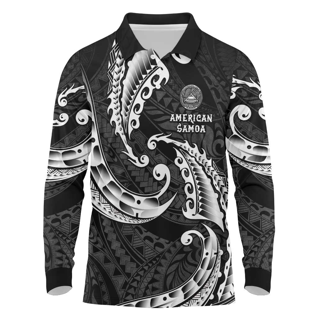 AAPI Heritage Month Long Sleeve Polo Shirt American Samoa Polynesian Tribal Wave LT05 Black - Polynesian Pride