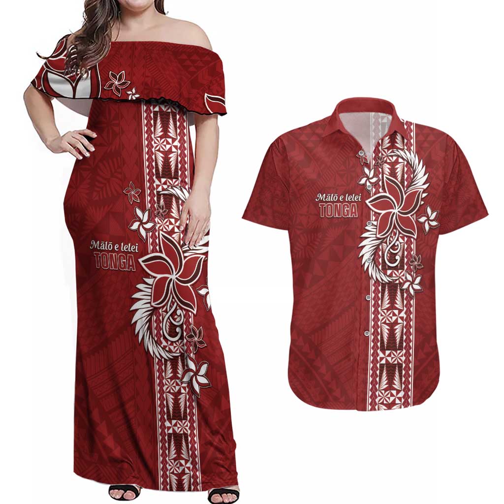 Tonga Language Week Couples Matching Off Shoulder Maxi Dress and Hawaiian Shirt Malo e Lelei Kupesi Ngatu Pattern LT05 Red - Polynesian Pride