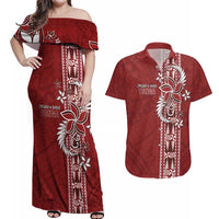 Tonga Language Week Couples Matching Off Shoulder Maxi Dress and Hawaiian Shirt Malo e Lelei Kupesi Ngatu Pattern LT05 Red - Polynesian Pride