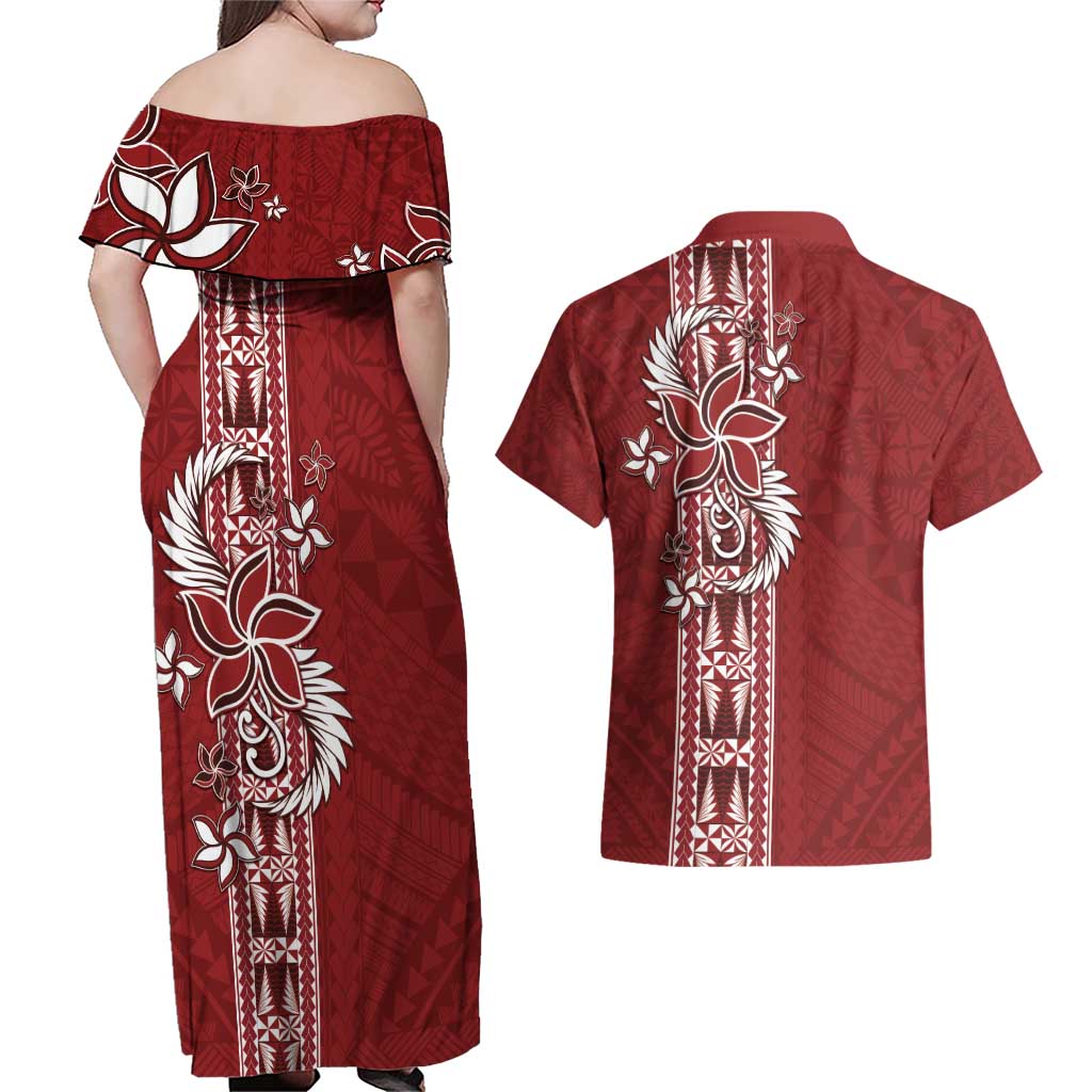 Tonga Language Week Couples Matching Off Shoulder Maxi Dress and Hawaiian Shirt Malo e Lelei Kupesi Ngatu Pattern LT05 - Polynesian Pride
