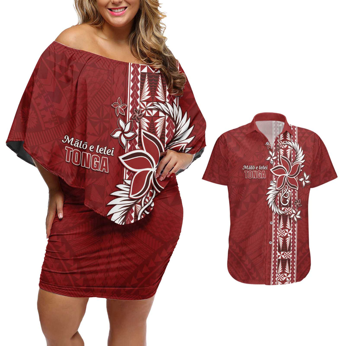 Tonga Language Week Couples Matching Off Shoulder Short Dress and Hawaiian Shirt Malo e Lelei Kupesi Ngatu Pattern LT05 Red - Polynesian Pride