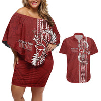 Tonga Language Week Couples Matching Off Shoulder Short Dress and Hawaiian Shirt Malo e Lelei Kupesi Ngatu Pattern LT05 Red - Polynesian Pride