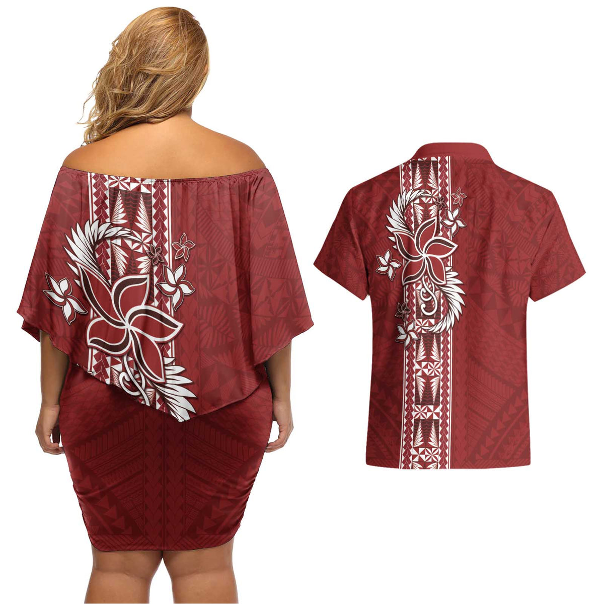 Tonga Language Week Couples Matching Off Shoulder Short Dress and Hawaiian Shirt Malo e Lelei Kupesi Ngatu Pattern LT05 - Polynesian Pride