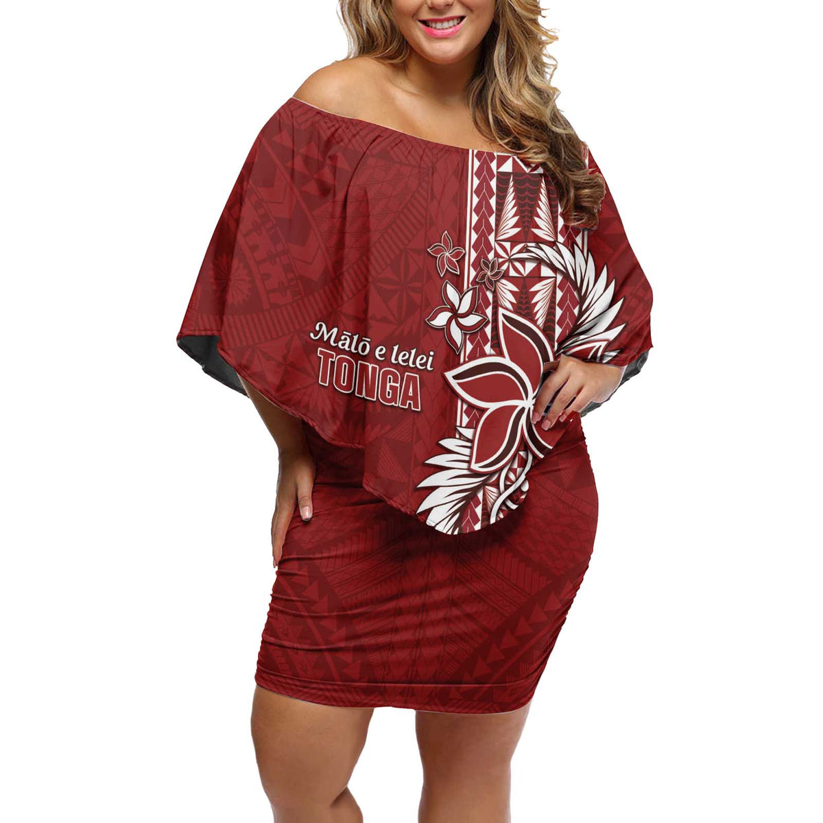 Tonga Language Week Off Shoulder Short Dress Malo e Lelei Kupesi Ngatu Pattern LT05 Women Red - Polynesian Pride