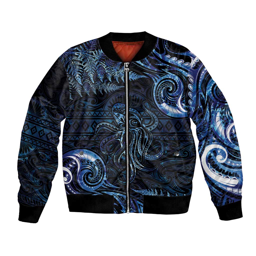 Aotearoa New Zealand Octopus Bomber Jacket Silver Fern Maori Pattern LT05 Unisex Blue - Polynesian Pride