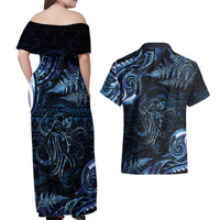 Aotearoa New Zealand Octopus Couples Matching Off Shoulder Maxi Dress and Hawaiian Shirt Silver Fern Maori Pattern
