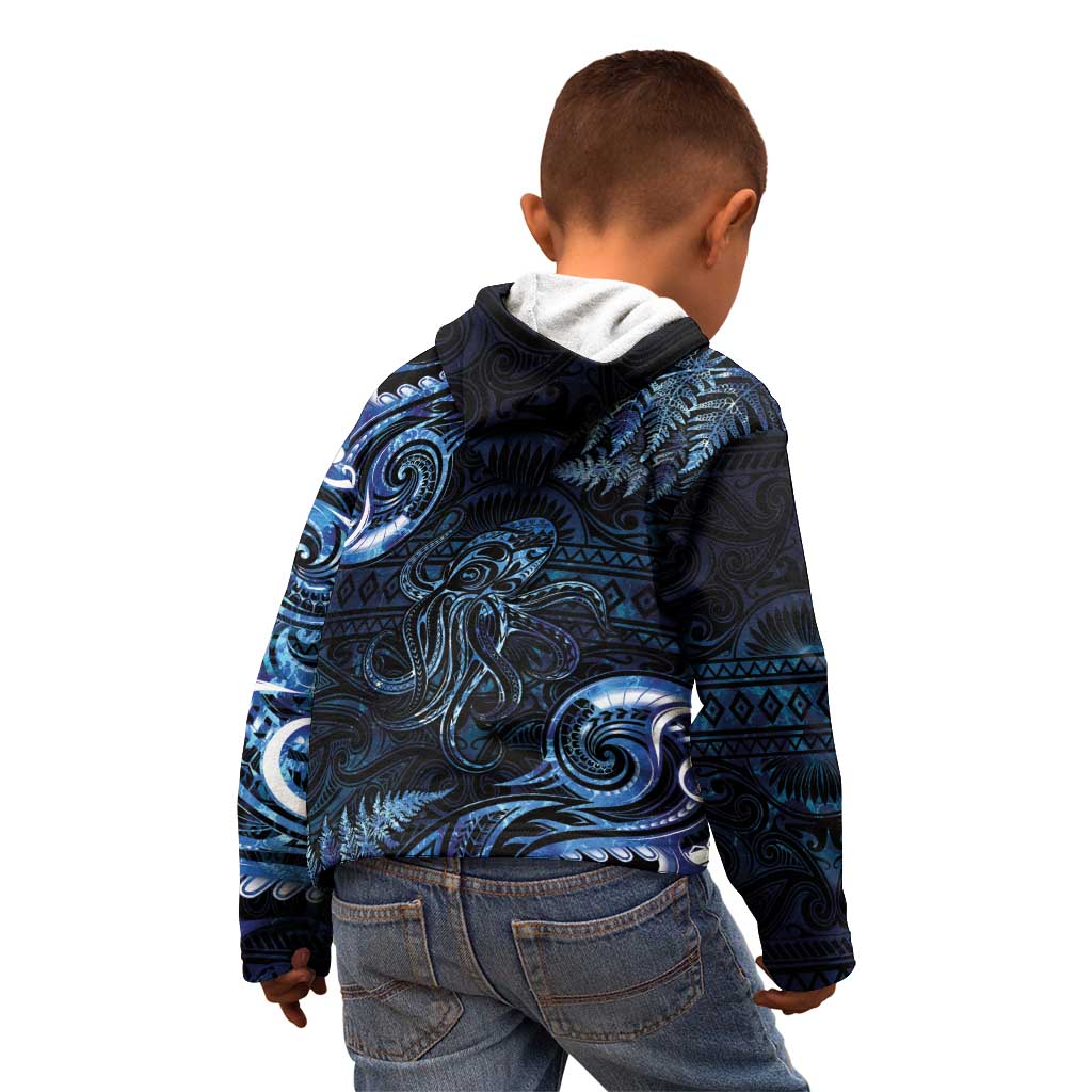 Aotearoa New Zealand Octopus Kid Hoodie Silver Fern Maori Pattern